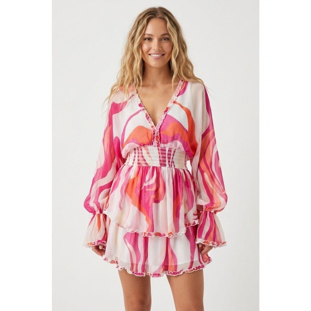 ROCOCO SAND Pink Orange Abstract Wave Smocked Ruffle Mini Dress Small Retro Boho